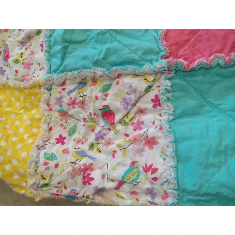 Handmade Patchwork Rag Quilt Pink Yellow Turquoise Bird Floral Polka Dot Throw